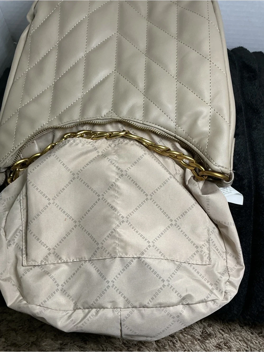 Steve Madden Timeless Taupe Quilted Shoulder Bag Tan/Cream Gold Chain EUC